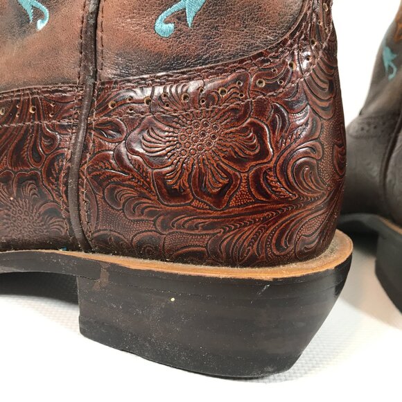 Ariat Boots Women 8 Fatbaby Brown Teal Embroidered Floral Square Toe Western - Picture 6 of 14